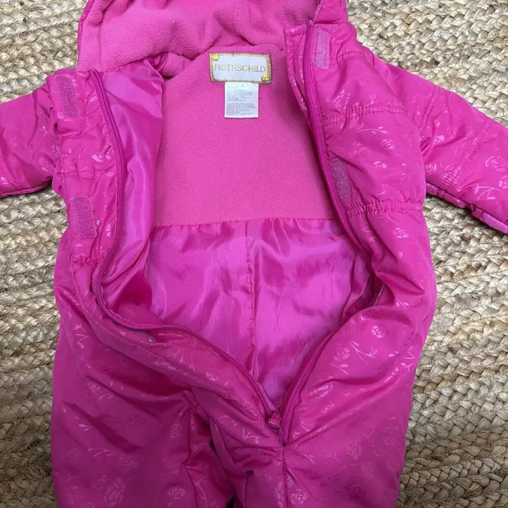 Rothschild Baby Girls Pink Hooded Floral Snowsuit Sz 6/9M Winter Bunting Coat